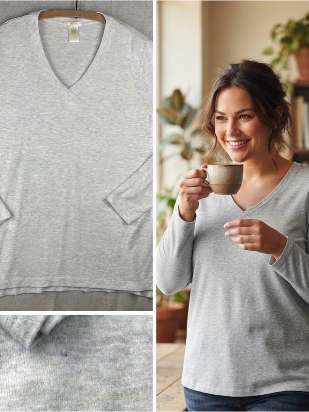 Matty M Heather Gray V-Neck Top XL Long Sleeve Casual Lightweight Cozy Sweater